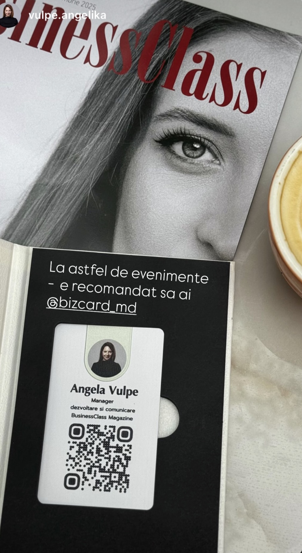 Angela Vulpe — BusinessClass Magazine: NFC-карта с индивидуальным дизайном для деловых знакомств и быстрого доступа к цифровому профилю.